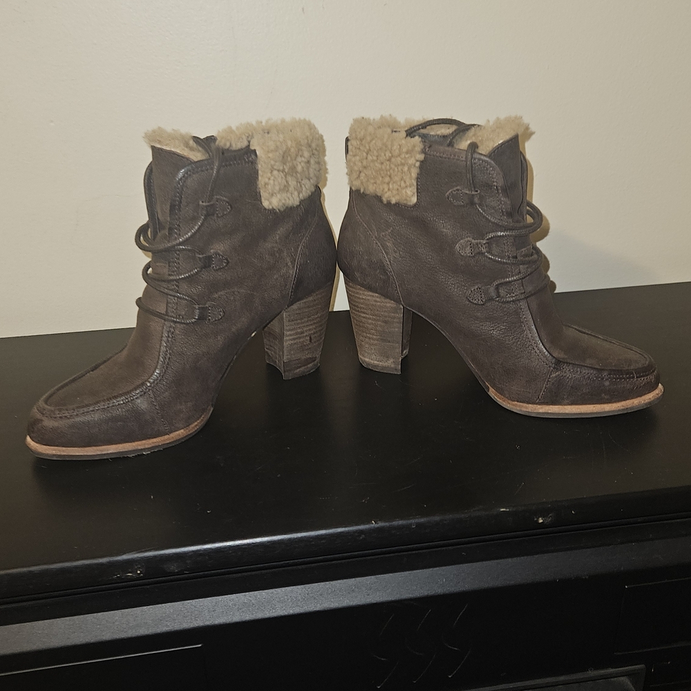 UGG Dark Brown Heeled Boots with Shearling